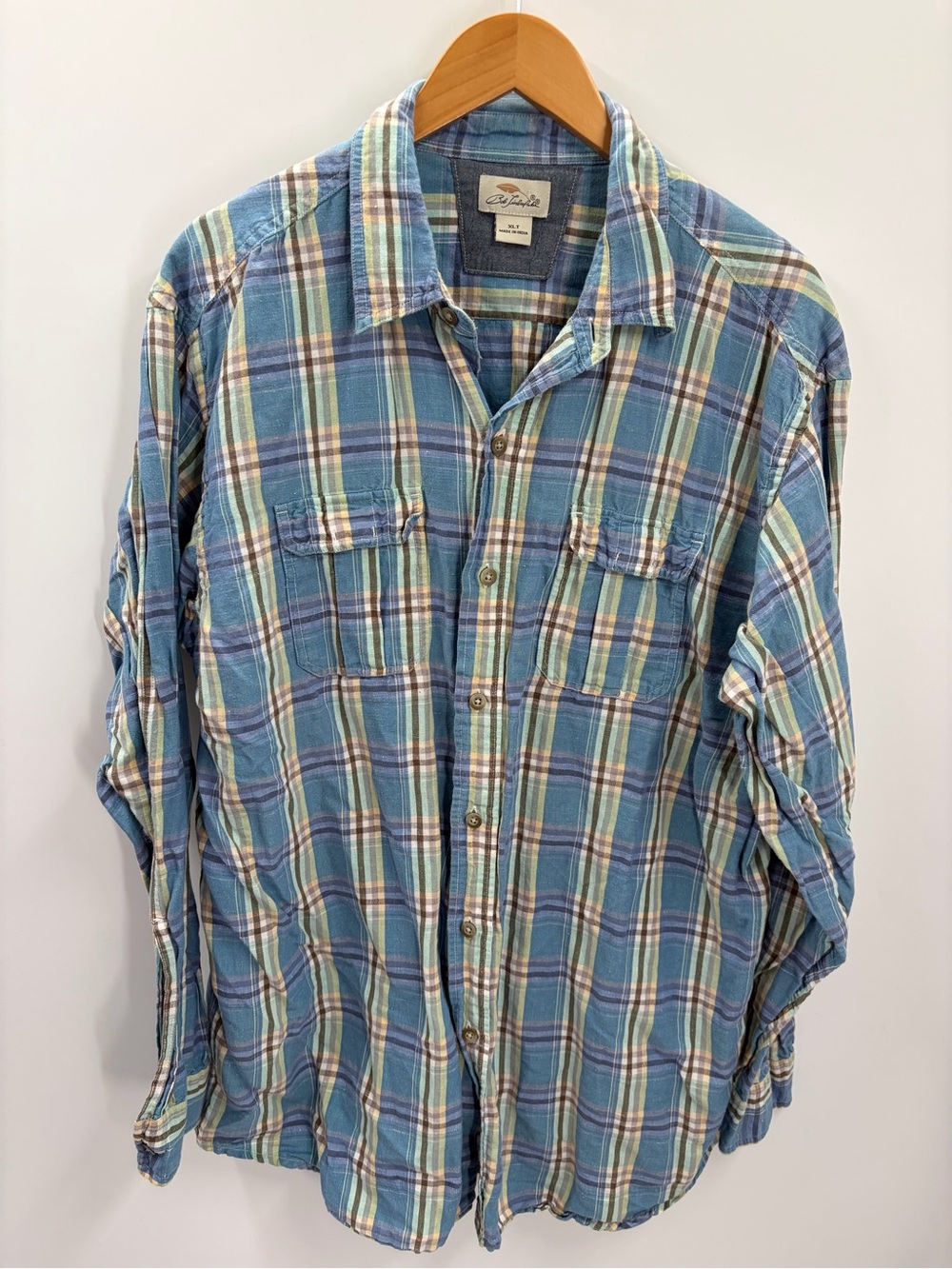 Bob Timberlake Men's XLT Linen Blend Blue Plaid Long Sleeve Button Shirt Tall